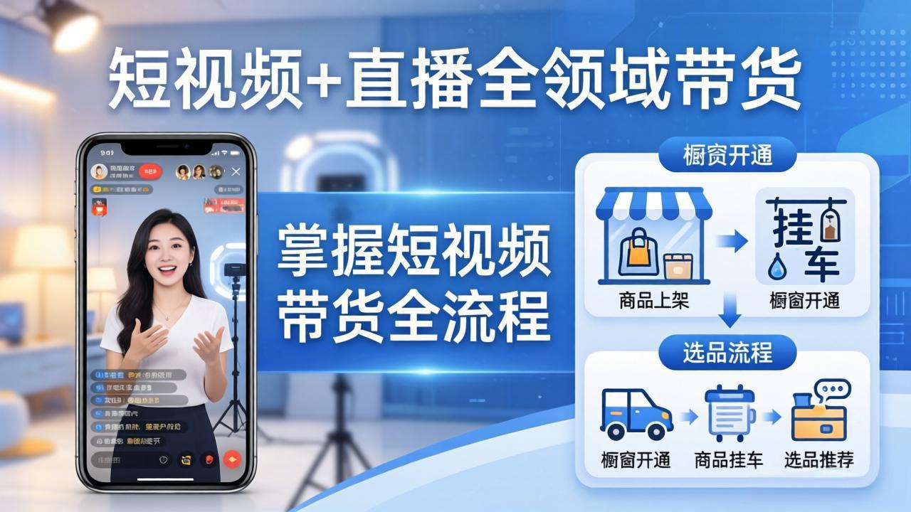 短视频+直播全领域带货-更新：掌握橱窗开通、挂车、选品、爆款文案改编等短视频带货全流程-快名资源网