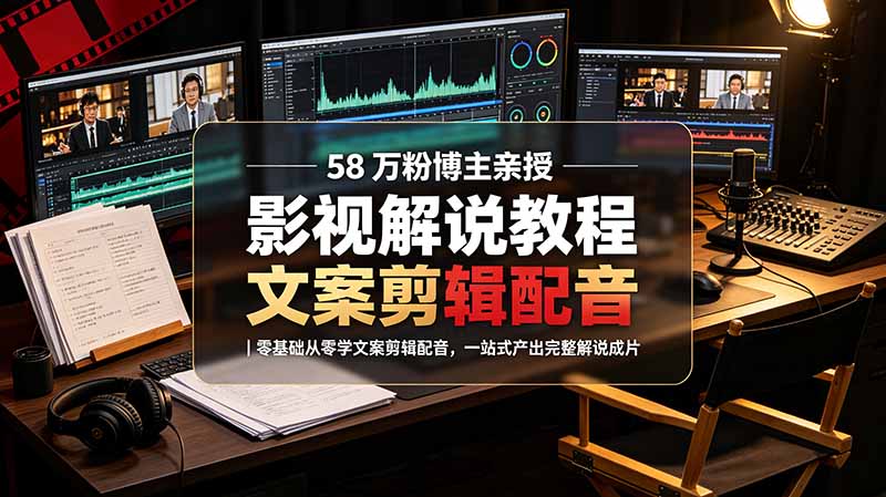 58 万粉博主荧幕春秋亲授影视解说教程｜零基础从零学文案剪辑配音，一站式产出完整解说成片-青虫资源网