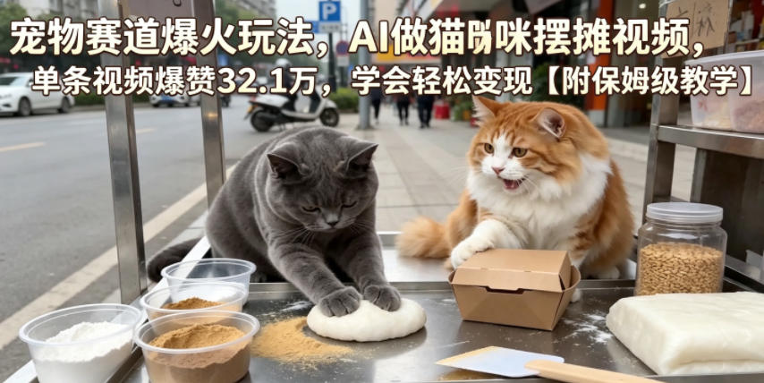 宠物赛道爆火玩法，AI做猫咪摆摊视频，单条视频爆赞32.1万，学会轻松变现【附保姆级教学】-快名资源网