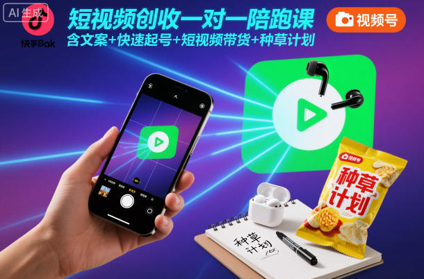 短视频创收一对一陪跑课，含文案+快速起号+短视频带货+种草计划-快名资源网