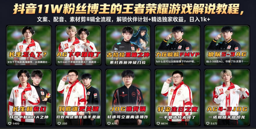 抖音11W粉丝博主的王者荣耀游戏解说教程，文案、配音、素材剪辑全流程，解锁伙伴计划+精选独家收益，日入1k+-快名资源网
