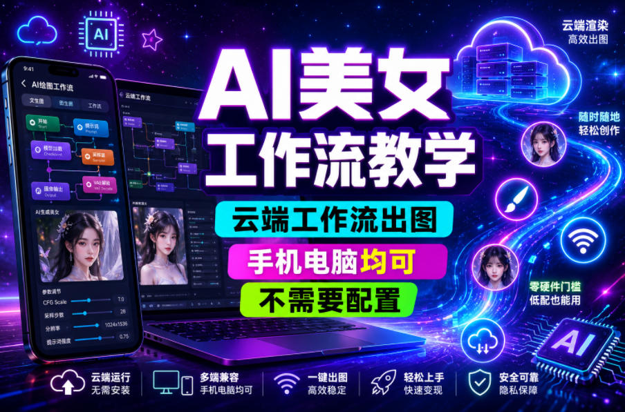 AI美女工作流教学，云端工作流出图，手机电脑均可，不需要配置，快速起号涨粉-快名资源网
