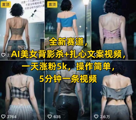 全新赛道，AI美女背影杀+扎心文案视频，一天涨粉5k，操作简单，5分钟一条视频-快名资源网
