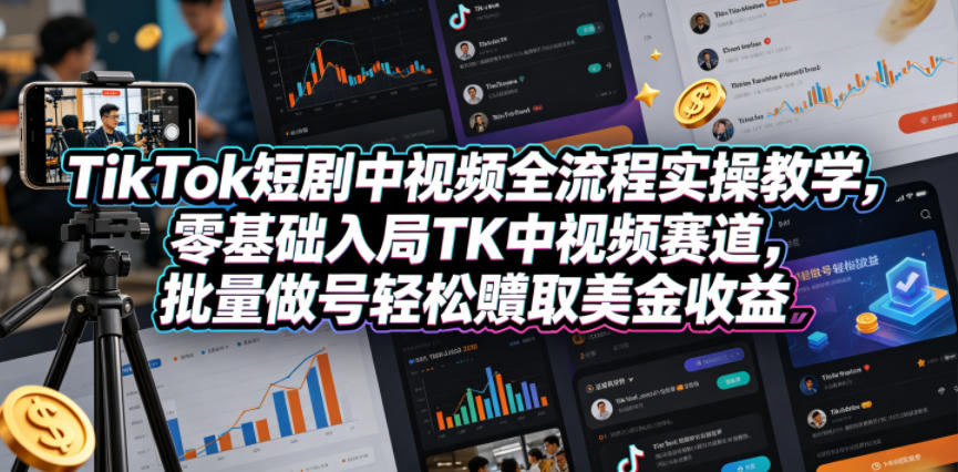TikTok短剧中视频全流程实操教学，零基础入局TK中视频赛道，批量做号轻松賺取美金收益-快名资源网