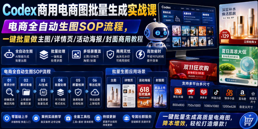 Codex商用电商图批量生成实战课｜电商全自动生图SOP流程，一键批量做主图/详情页/活动海报/封面商用教程-青虫资源网