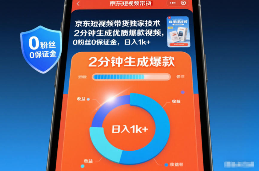 京东短视频带货独家技术，2分钟生成一条优质爆款视频，0粉丝0保证金，日入1k+【揭秘】-快名资源网