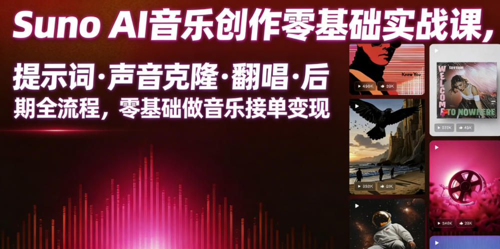 Suno AI音乐创作实战课，提示词・声音克隆・翻唱・后期全流程，零基础做音乐接单变现-快名资源网
