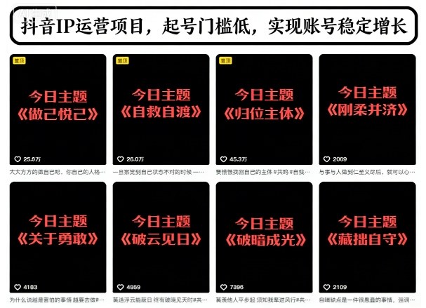 抖音IP运营项目，抖音今日主题玩法，起号门槛低，实现账号稳定增长-青虫资源网