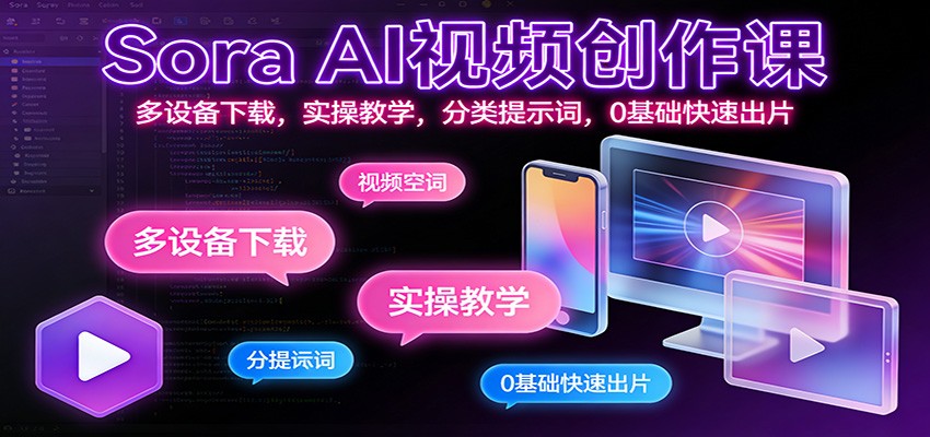 Sora AI视频创作课：多设备下载，实操教学，分类提示词，0基础快速出片-快名资源网