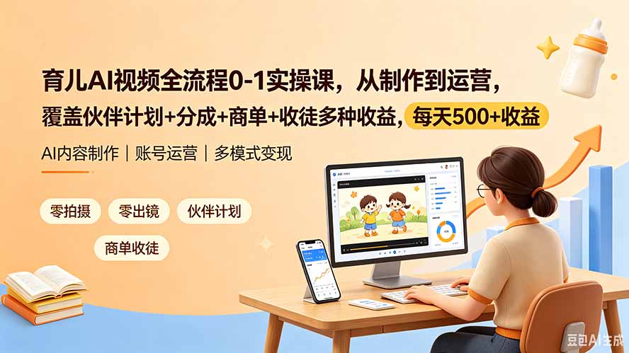 育儿AI视频全流程0-1实操课，从制作到运营，覆盖伙伴计划+分成+商单+收徒多种收益，每天500+收益-青虫资源网
