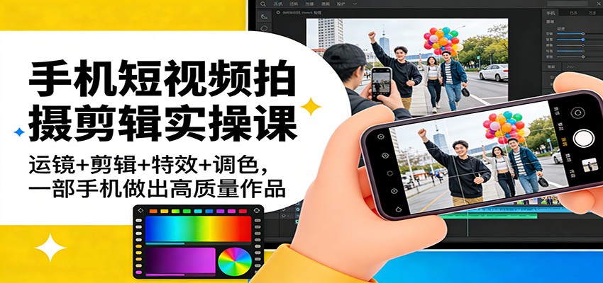 手机短视频拍摄剪辑实操课：运镜+剪辑+特效+调色，一部手机做出高质量作品-快名资源网