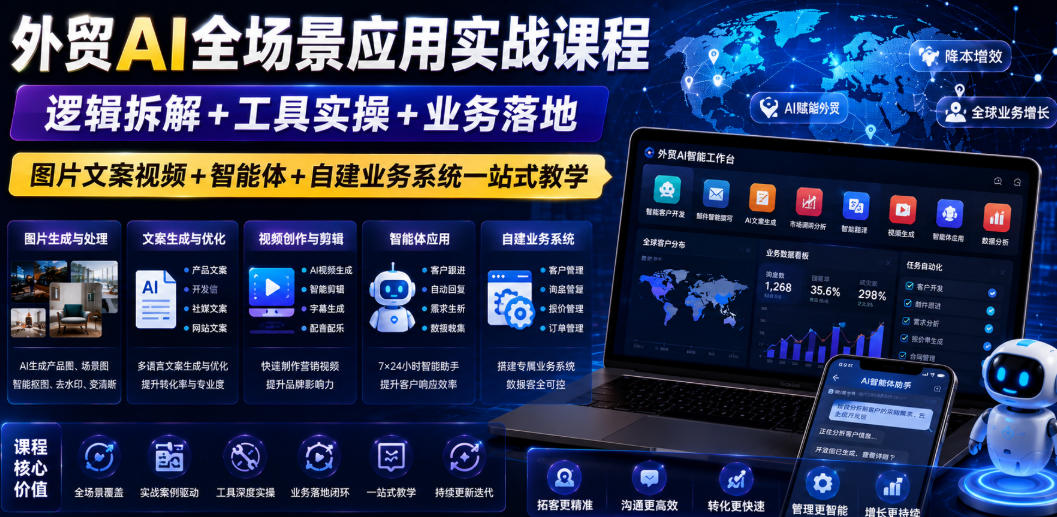 外贸AI全场景应用实战课程｜逻辑拆解+工具实操+业务落地，图片文案视频+智能体+自建业务系统一站式教学-青虫资源网