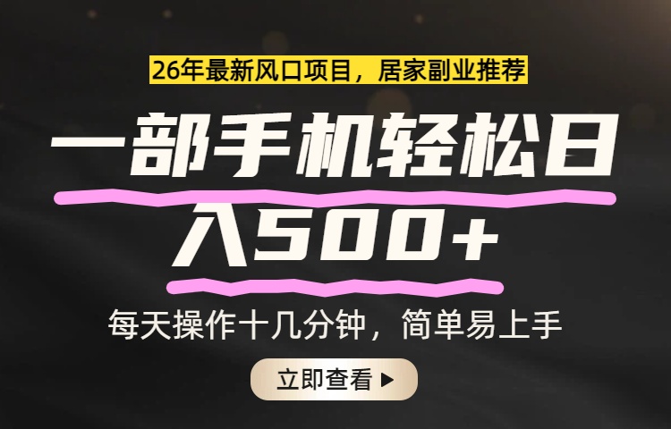 26年居家副业首选，一部手机轻松日入500+，长期稳定可做-快名资源网