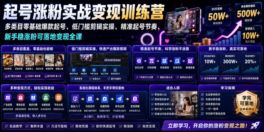 苗子起号涨粉实战变现训练营，多类目零基础爆款起号、精准起号节奏、新手稳涨粉可落地变现全课-青虫资源网