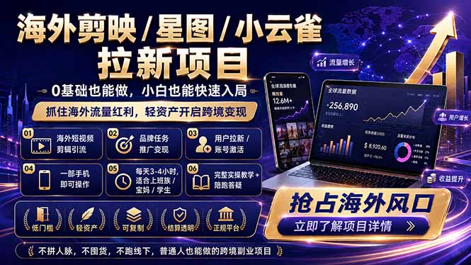 海外剪映 / 星图 / 小云雀拉新项目 普通人也能上手的跨境流量变现副业-快名资源网