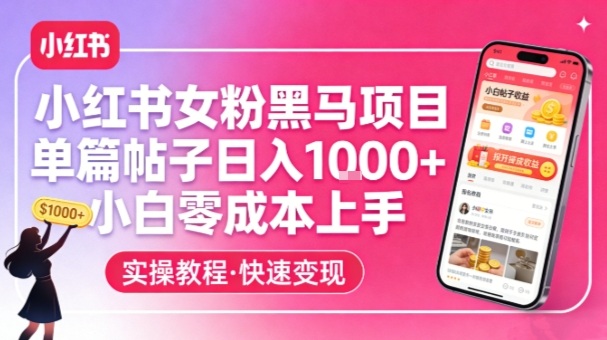 小红书女粉黑马项目，单篇帖子日入1k+，小白零成本上手-快名资源网