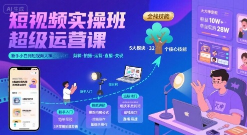 短视频实操班超级运营课，新手小白到短视频大神必修课程，剪辑-拍摄-运营-直播-变现-快名资源网