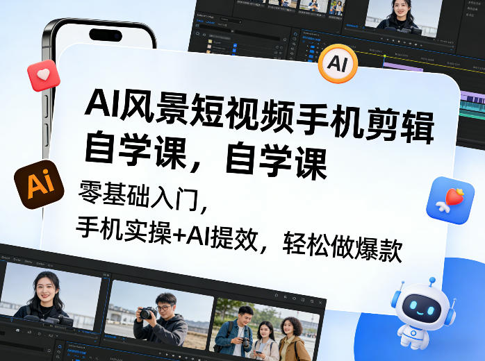 AI风景短视频手机剪辑自学课，零基础入门，手机实操+AI提效，轻松做爆款-快名资源网