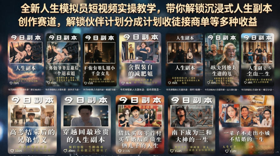 全新人生模拟员短视频实操教学，带你解锁沉浸式人生副本创作赛道，解锁伙伴计划分成计划收徒接商单等多种收益-青虫资源网