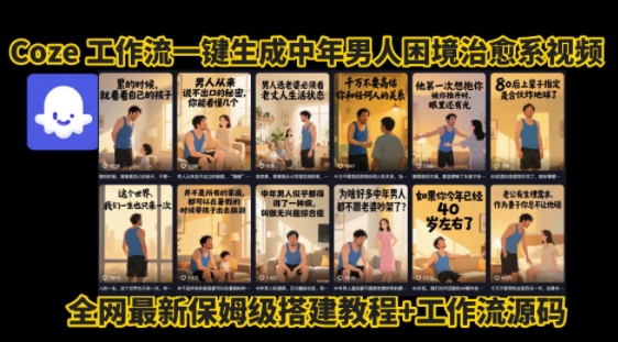 coze工作流一键生成”中年男人困境扎心高涨粉高播放量图文视频”保姆级拆解教程，无需剪辑，无需拍摄写文案-快名资源网
