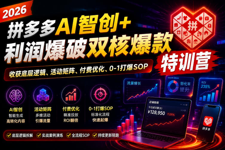 2026拼多多AI智创+利润爆破双核爆款特训营，收获底层逻辑、活动矩阵、付费优化、0-1打爆SOP-青虫资源网