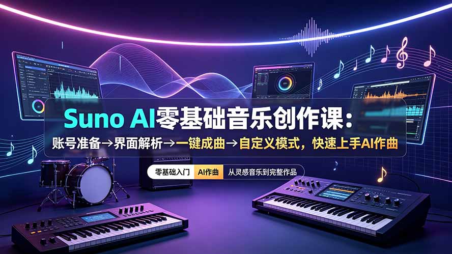 Suno AI零基础音乐创作课：账号准备→界面解析→一键成曲→自定义模式，快速上手AI作曲-青虫资源网
