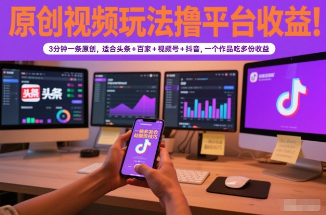 原创视频玩法撸平台收益，3分钟一条原创，适合头条+百家+视频号+抖音，一个作品吃多份收益-快名资源网