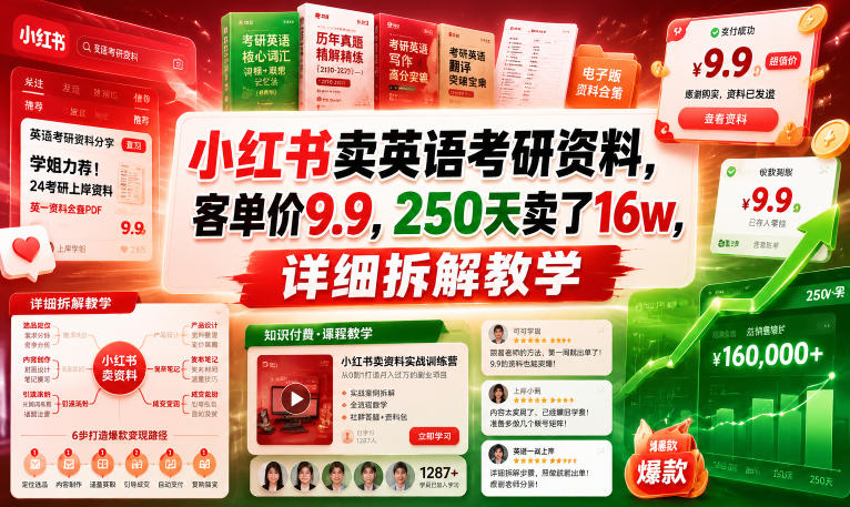 小红书卖英语考研资料，客单价9.9，250天卖了16w，详细拆解教学-快名资源网