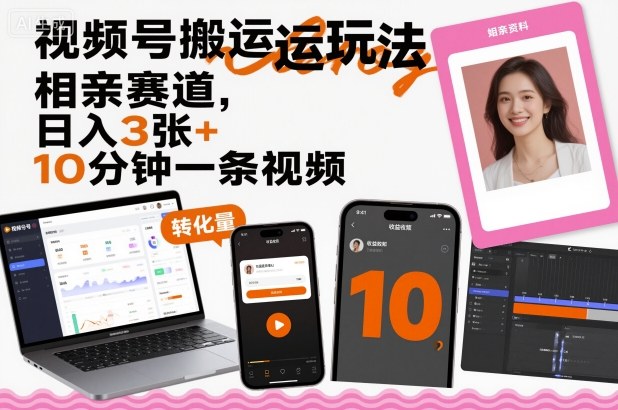 视频号搬运玩法，相亲赛道，日入3张+，10分钟一条视频-青虫资源网