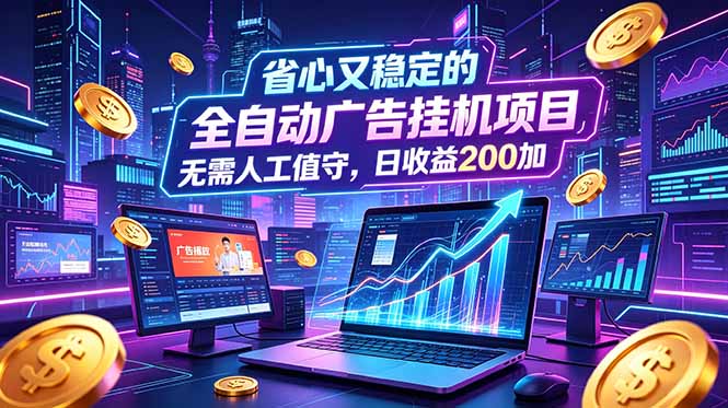 全自动广告挂机项目，全程无需人工值守。稳定创收每日收益200+-快名资源网