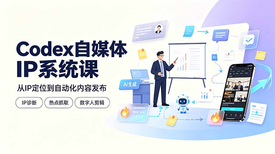 Codex自媒体IP系统课：IP诊断/热点抓取/IP蒸馏 Skill，爆款复刻数字人多平台自动发布教程-青虫资源网
