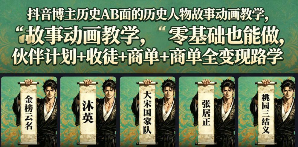 抖音博主历史AB面的历史人物故事动画教学，零基础也能做，伙伴计划+收徒+商单全变现路径教学-快名资源网