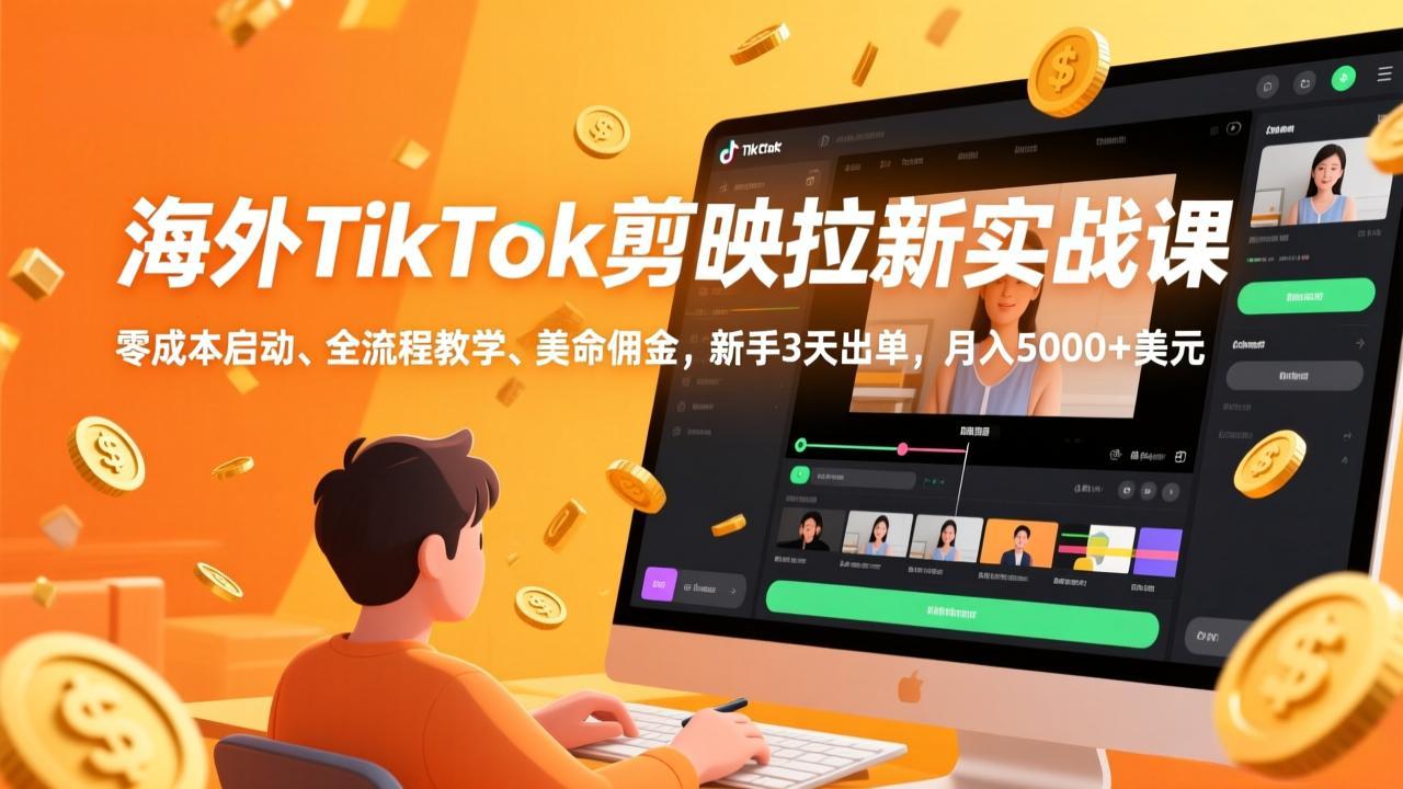 海外TikTok剪映拉新实战课，零成本启动、全流程教学、美金佣金，新手3天出单，月入5000+美元-快名资源网