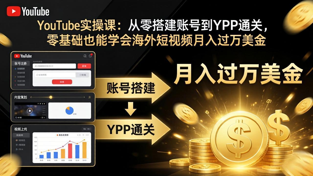 YouTube实操课：从零搭建账号到YPP通关，零基础也能学会海外短视频月入过万美金-快名资源网