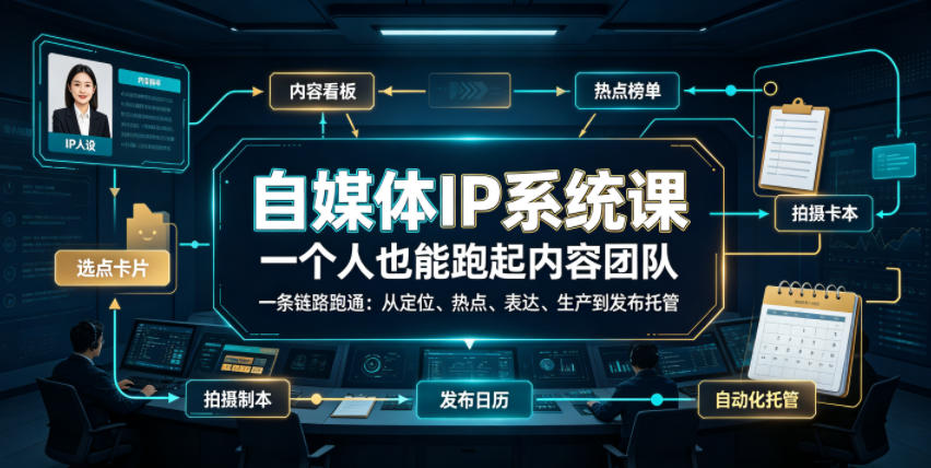 自媒体IP系统课，一个人也能跑起内容团队，一条链路跑通，从定位、热点、表达、生产到发布托管-青虫资源网