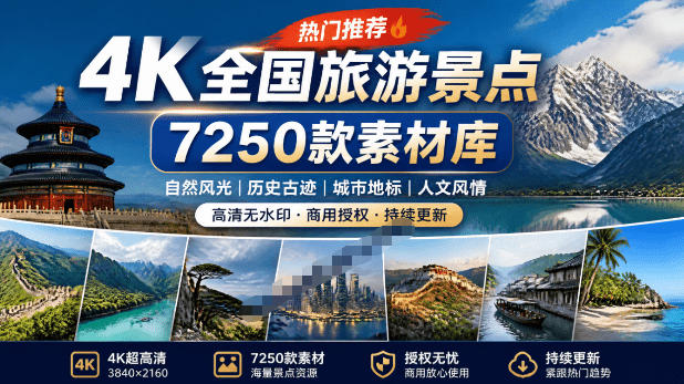 热门全国旅游风景素材！4K全国旅游景点素材库，7250款素材，旅行达人城市航拍风景风光高清短视频-青虫资源网