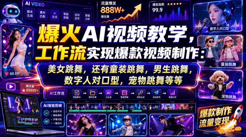 爆火AI视频教学，工作流实现爆款视频制作：美女跳舞，还有童装跳舞，男生跳舞，数字人对口型，宠物跳舞等等-青虫资源网