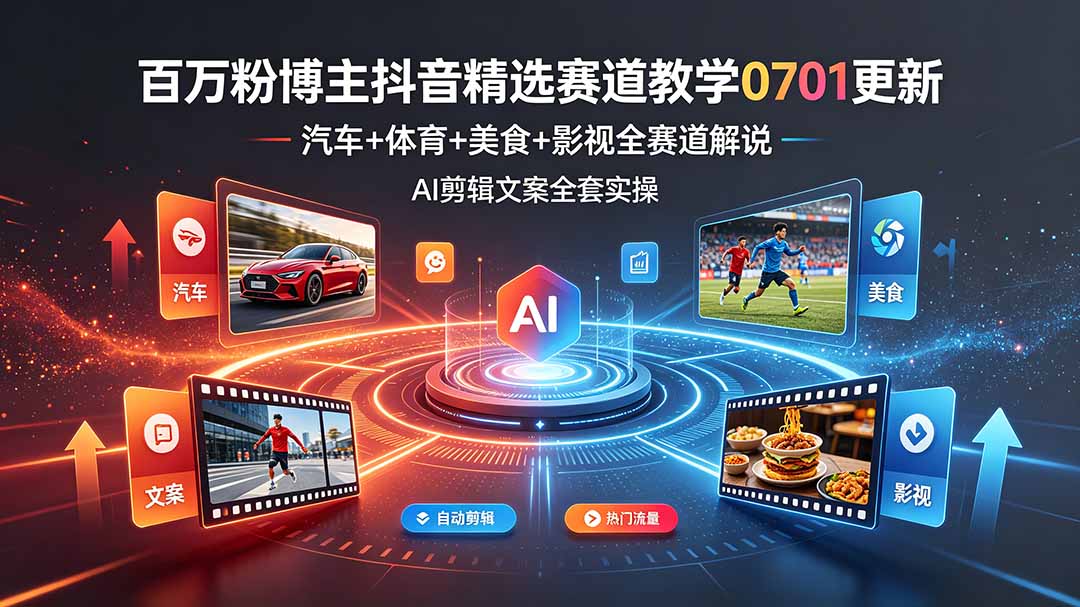 百万粉博主抖音精选赛道教学-0701更新，汽车+体育+美食+影视全赛道解说，AI剪辑文案全套实操-青虫资源网