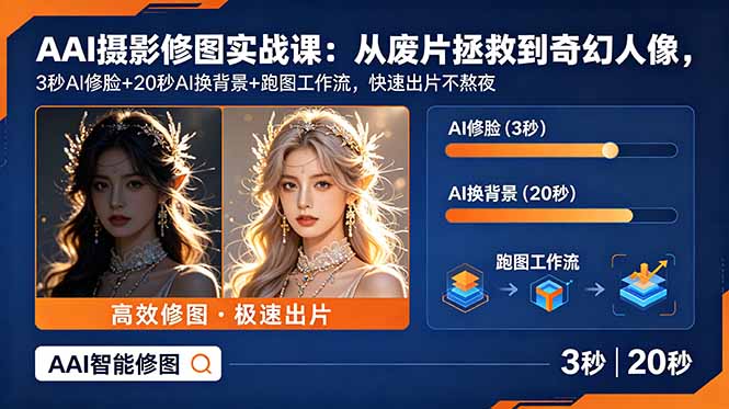 AI摄影修图实战课：从废片拯救 到 奇幻人像，3秒AI修脸+20秒AI换背景+跑图工作流，快速出片不熬夜-快名资源网