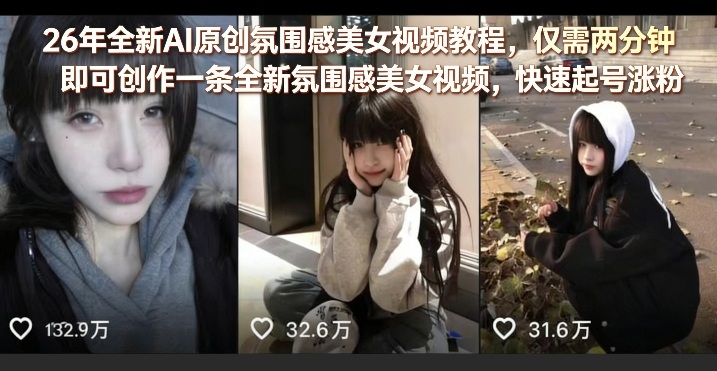 26年全新AI原创氛围感美女视频教程，仅需两分钟即可创作一条全新氛围感美女视频，快速起号涨粉-快名资源网