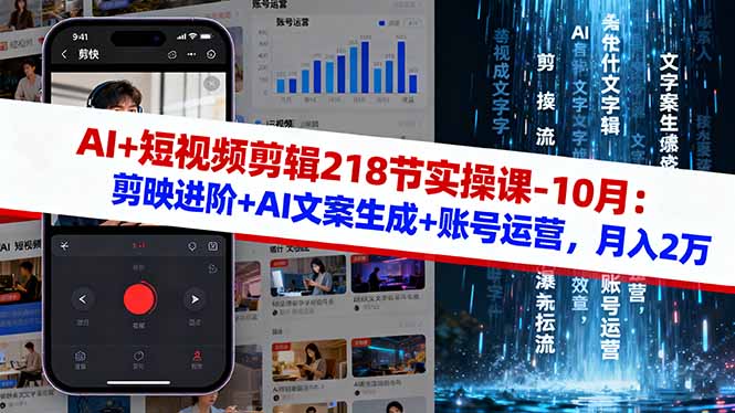 AI+短视频剪辑218节实操课-10月：剪映进阶+AI文案生成+账号运营，月入2万-快名资源网