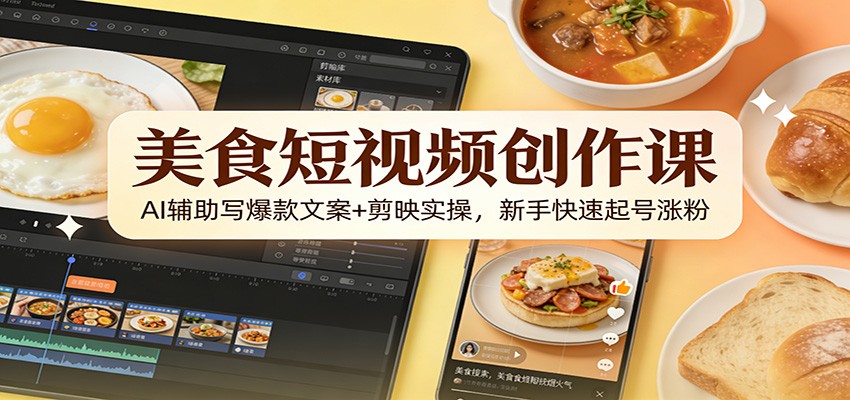 美食短视频创作课：AI辅助写爆款文案+剪映实操，新手快速起号涨粉-快名资源网