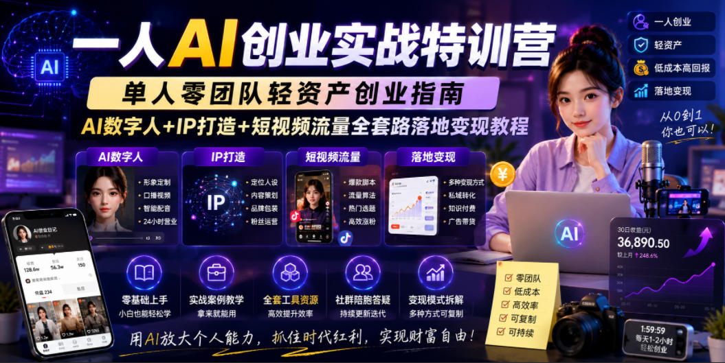 一人AI创业实战特训营，单人零团队轻资产创业指南，AI数字人+IP打造+短视频流量全套路落地变现教程-快名资源网