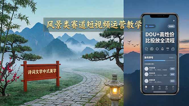 风景类赛道短视频运营教学：诗词文学中式美学，新号养号对标账号定位，DOU+高性价比投放全流程-快名资源网
