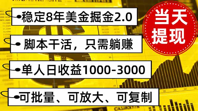 稳定8年美金掘金2.0脚本干活，只需躺赚。单人日收益1000-3000可批量、...-快名资源网