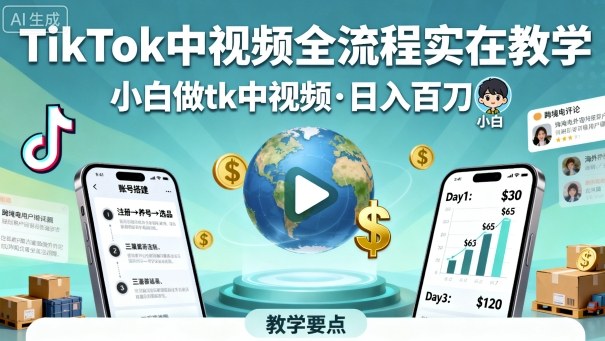 TikTok中视频全流程实操教学，小白做tk中视频，日入百刀-快名资源网