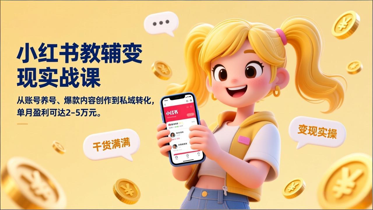 小红书教辅变现实战课，从账号养号、爆款内容创作到私域转化，单月盈利可达2-5万元-快名资源网