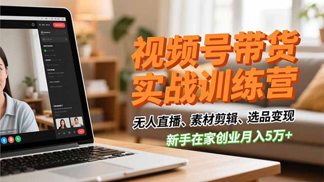 视频号带货实战训练营，无人直播、素材剪辑、选品变现，新手在家创业月入5万+-青虫资源网