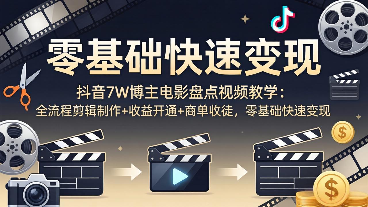 抖音7W博主电影盘点视频教学：全流程剪辑制作+收益开通+商单收徒，零基础快速变现-快名资源网