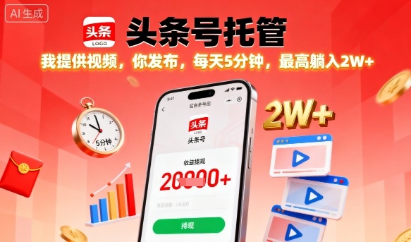 【头条号托管】我提供视频，你发布，每天5分钟，最高躺入2W+【揭秘】-快名资源网